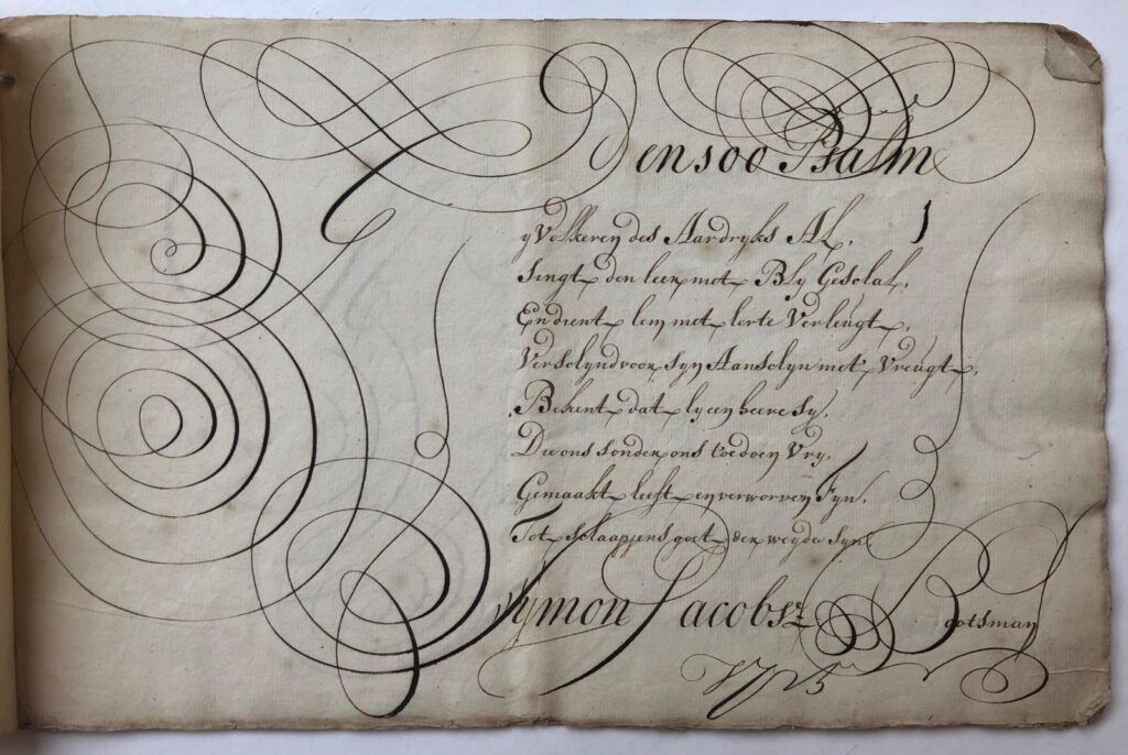 [Calligraphy, Bootsman, Kalligrafie] Tien bladen kalligrafie van de hand van Symon Jacobsz. Bootsman, 1725. Ieder blad 21x33 cm. Samen: