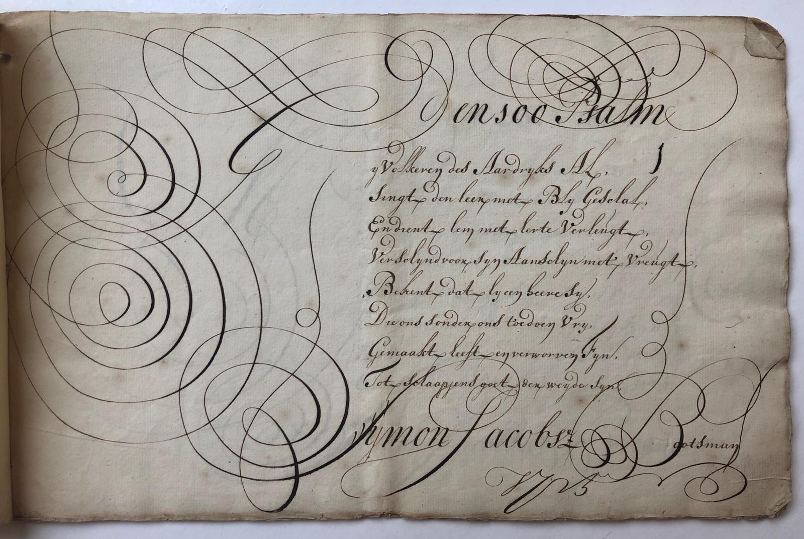  - [Calligraphy, Bootsman, Kalligrafie] Tien bladen kalligrafie van de hand van Symon Jacobsz. Bootsman, 1725. Ieder blad 21x33 cm. Samen: