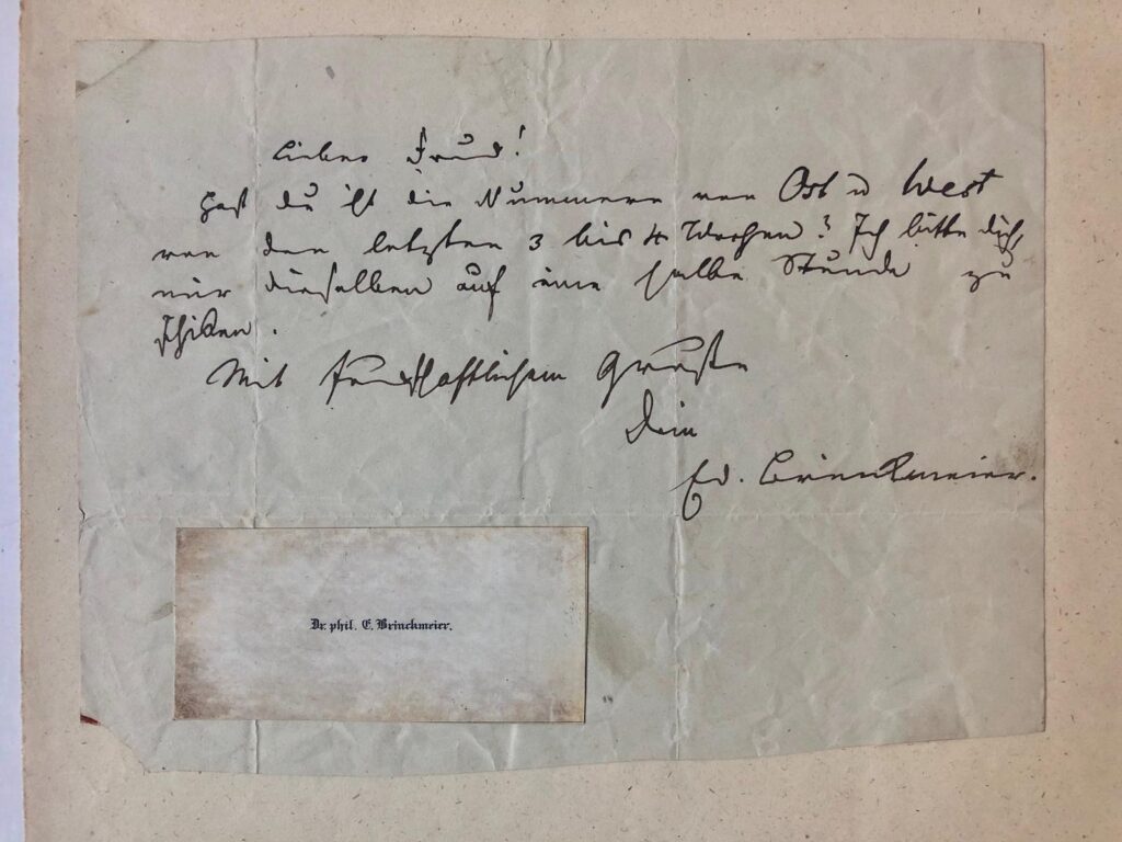 [Manuscript, Brinckmeier] Briefje en (gedrukt) visitekaartje van Eduard Brinckmeier, Doctor Phil. te Brunswijk. Z.j., 1 p.