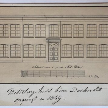 [Drawing, Architecture, Dordrecht, 1849] Pentekening van de voorgevel van een groot gebouw met eronder de tekst: `Bestedelingehuis binnen Dordrecht, opgerigt in 1849', 14x25 cm., ca. 1850.