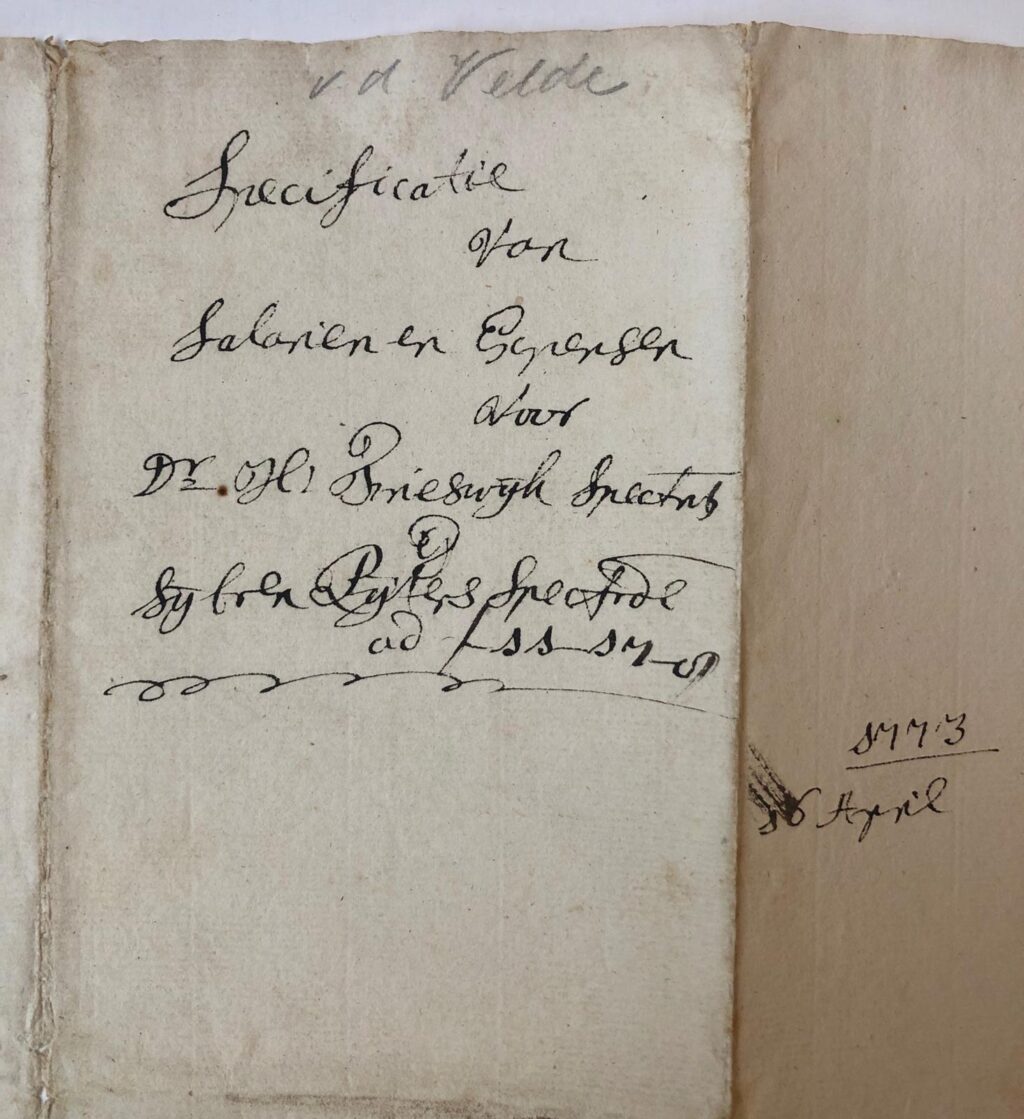 [Manuscript 1773, invoice, Frieswijk] Rekening van juridische kosten van H. Frieswijk, 1773, voor Sybren Pieters, `wegens de mondigmakinge'. Folio, manuscript, 2 p.