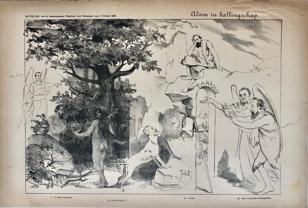[Original lithograph/lithografie by Johan Braakensiek] Adam in ballingschap, 5 Februari 1888, 1 pp.