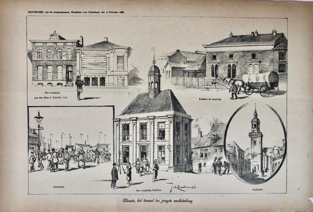 [Original lithograph/lithografie by Johan Braakensiek] Almelo, het tooneel der jongste werkstaking, 19 Februari 1888, 1 pp.