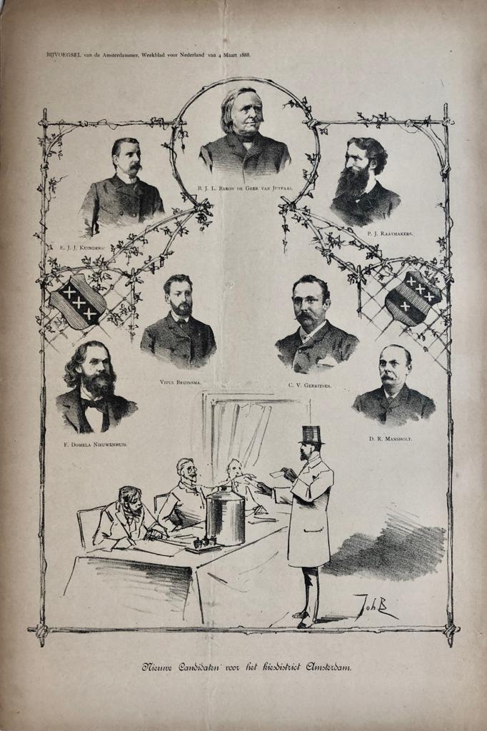 [Original lithograph/lithografie by Johan Braakensiek] Nieuwe Candidaten voor het kiesdistrict Amsterdam, 4 Maart 1888, 1 pp.