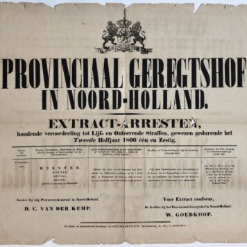 [PRINTED PUBLICATION 1861, MEDEMBLIK, MEESTER, CRIMINALITEIT] Publicatie van het Prov. Gerechtshof in Noord-Holland, `Extract-arresten tweede half jaar 1861', met vermelding van het arrest d.d. 24 september 1861, waarbij Pieter Meester, 27 jaar, zeevarende, geboren en wonende te Medemblik, veroordeeld wordt voor diefstal te Purmerend. 1 blad, plano (48x56 cm.), gedrukt.