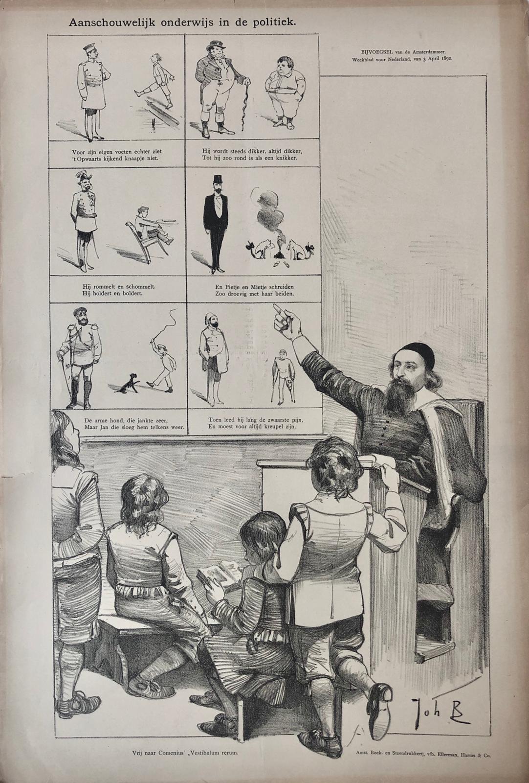 [Original lithograph/lithografie by Johan Braakensiek] Aanschouwelijk onderwijs in de politiek, 3 April 1892, 1 pp.
