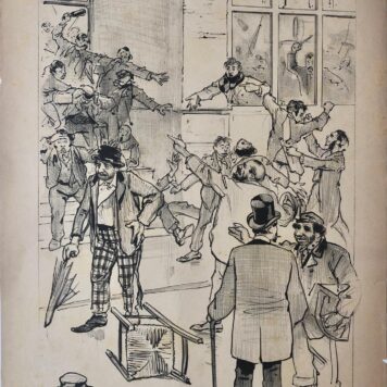 [Original lithograph/lithografie by Johan Braakensiek] Isaak van den Dam over de joden-Socialistenvergadering, 24 April 1892, 1 pp.