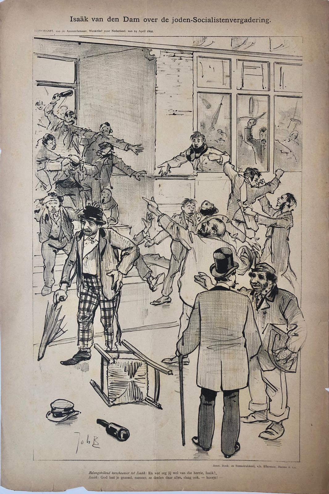 [Original lithograph/lithografie by Johan Braakensiek] Isaak van den Dam over de joden-Socialistenvergadering, 24 April 1892, 1 pp.