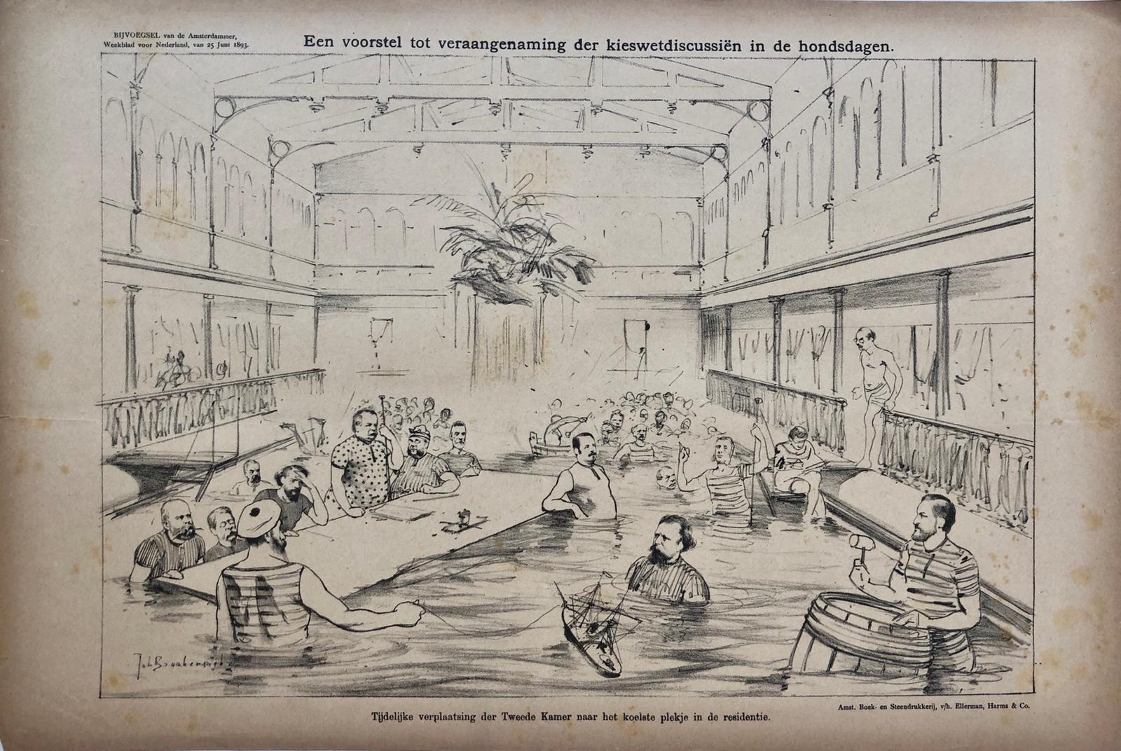 [Original lithograph/lithografie by Johan Braakensiek] Een voorstel tot veraangenaming der kieswetdiscussiën in de hondsdagen, 25 Juni 1893, 1 pp.