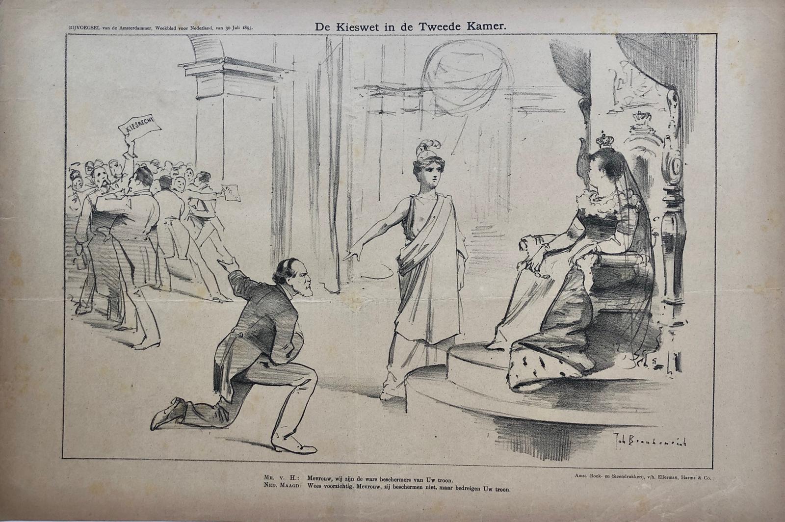 [Original lithograph/lithografie by Johan Braakensiek] De Kieswet in de Tweede Kamer, 30 Juli 1893, 1 pp.