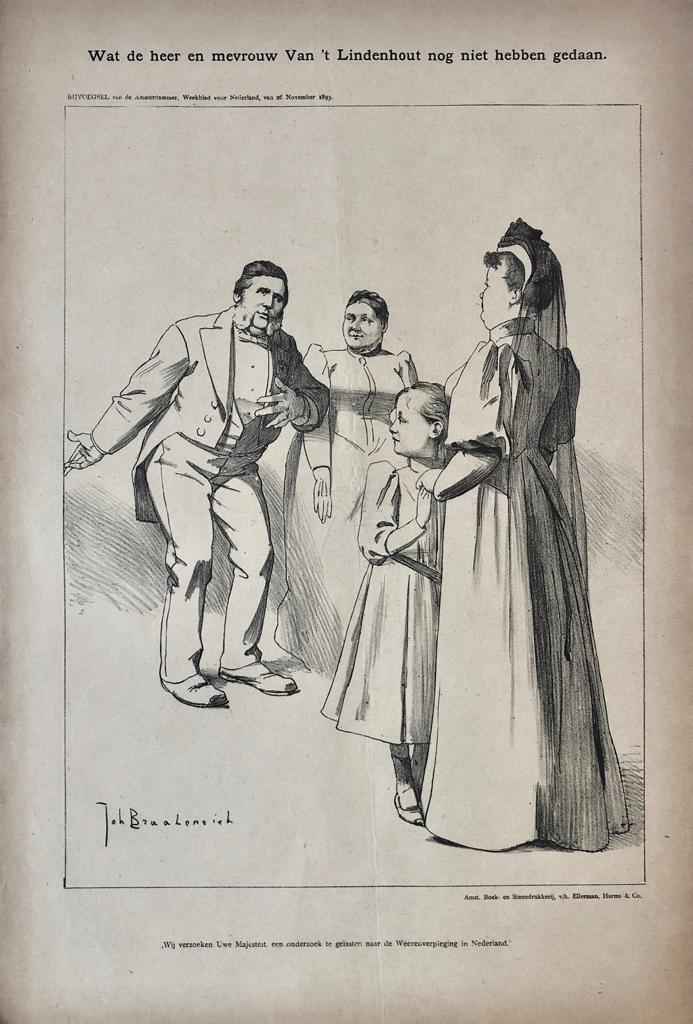 Braakensiek, Johan (1858-1940) - [Original lithograph/lithografie by Johan Braakensiek] Wat de heer en mevrouw Van 't Lindenhout nog niet hebben gedaan, 26 November 1893, 1 pp.