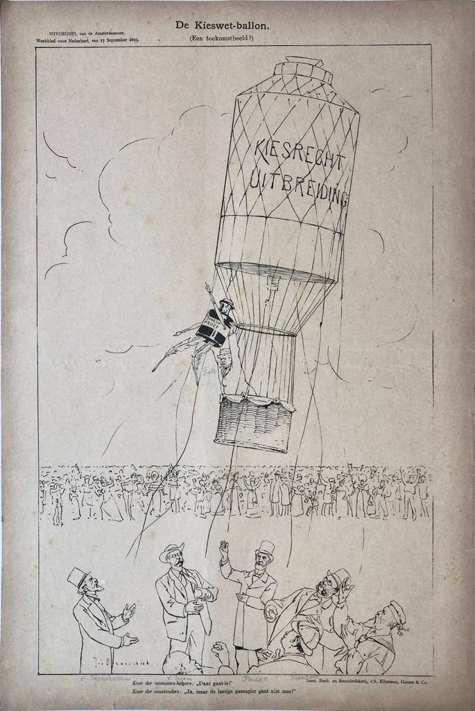 [Original lithograph/lithografie by Johan Braakensiek] De Kieswet-ballon, (Een toekomstbeeld?), 17 September 1893, 1 pp.