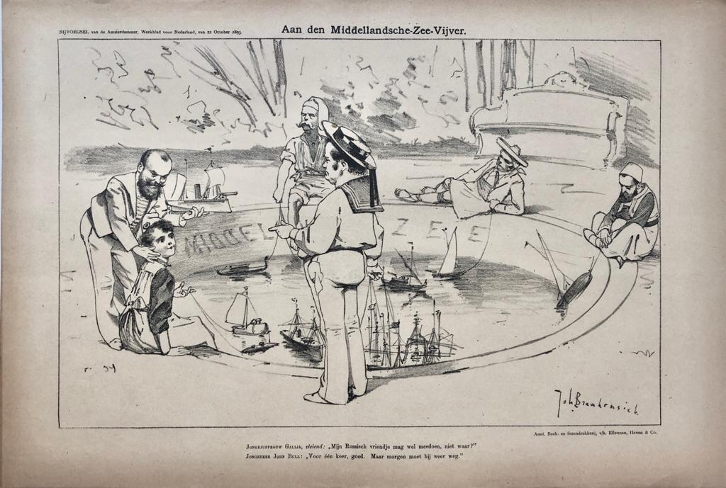 [Original lithograph/lithografie by Johan Braakensiek] Aan den Middellandsche-Zee-Vijver, 22 October 1893, 1 pp.