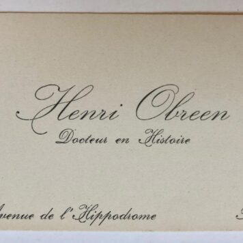 [BUSINESS CARD, OBREEN] Visitekaartje van Henri Obreen, Brussel, met in pen het verzoek om een recensie, 1 stuk.