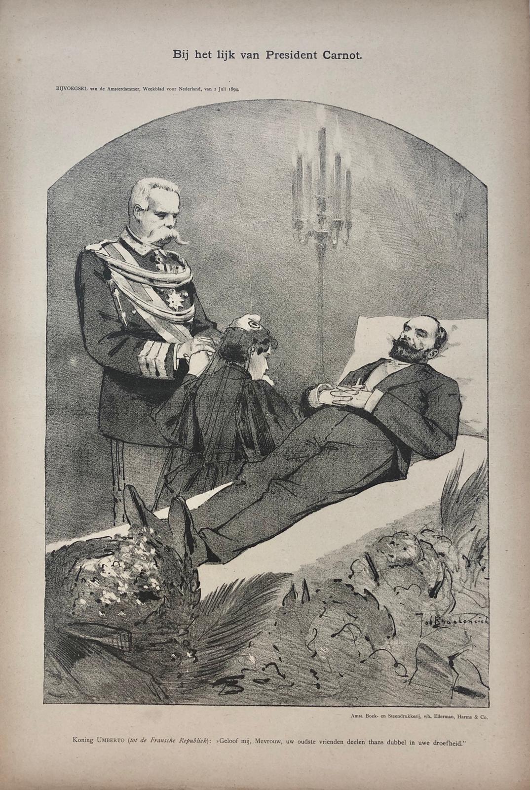 [Original lithograph/lithografie by Johan Braakensiek] Bij het lijk van President Carnot, 1 Juli 1894, 1 pp.