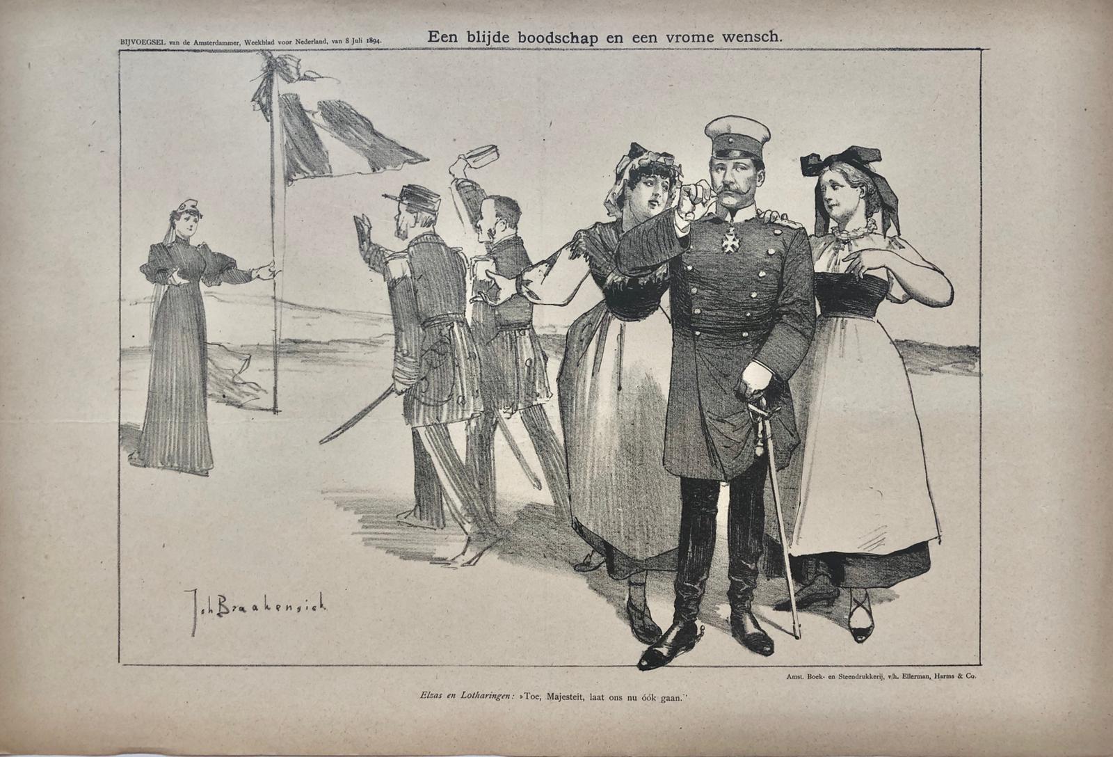 [Original lithograph/lithografie by Johan Braakensiek] Een blijde boodschap en een vrome wensch, 8 Juli 1894, 1 pp.