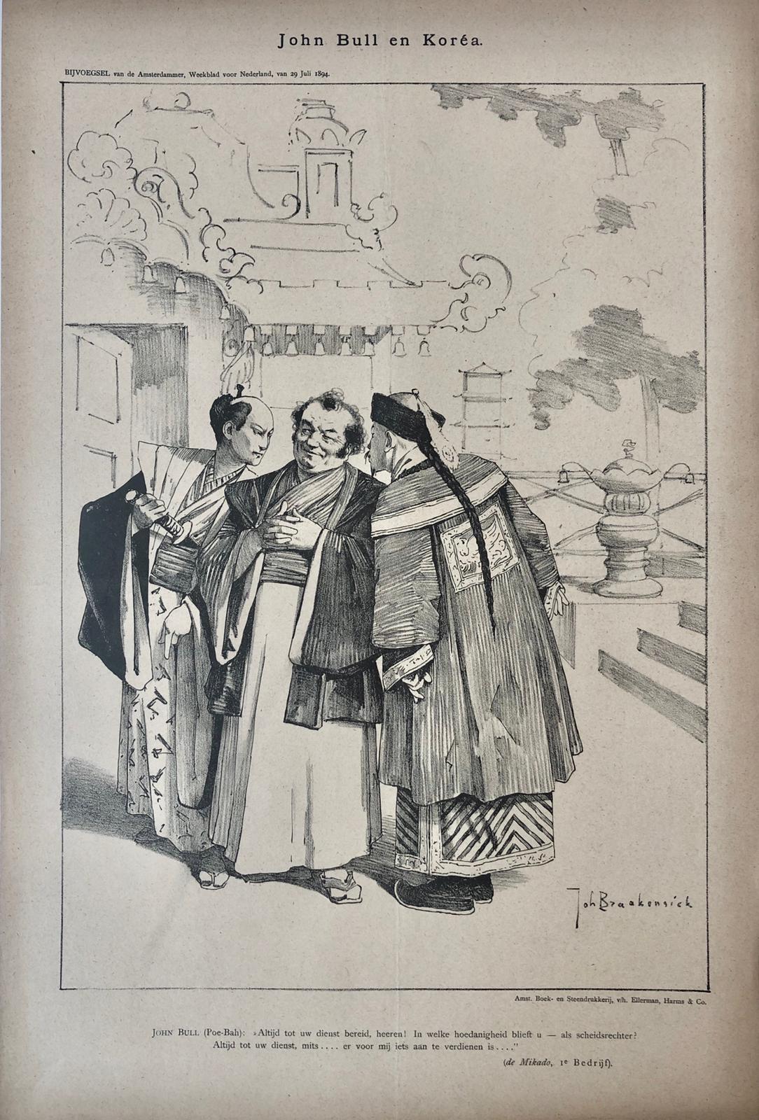 [Original lithograph/lithografie by Johan Braakensiek] John Bull en Koréa, 29 Juli 1894, 1 pp.