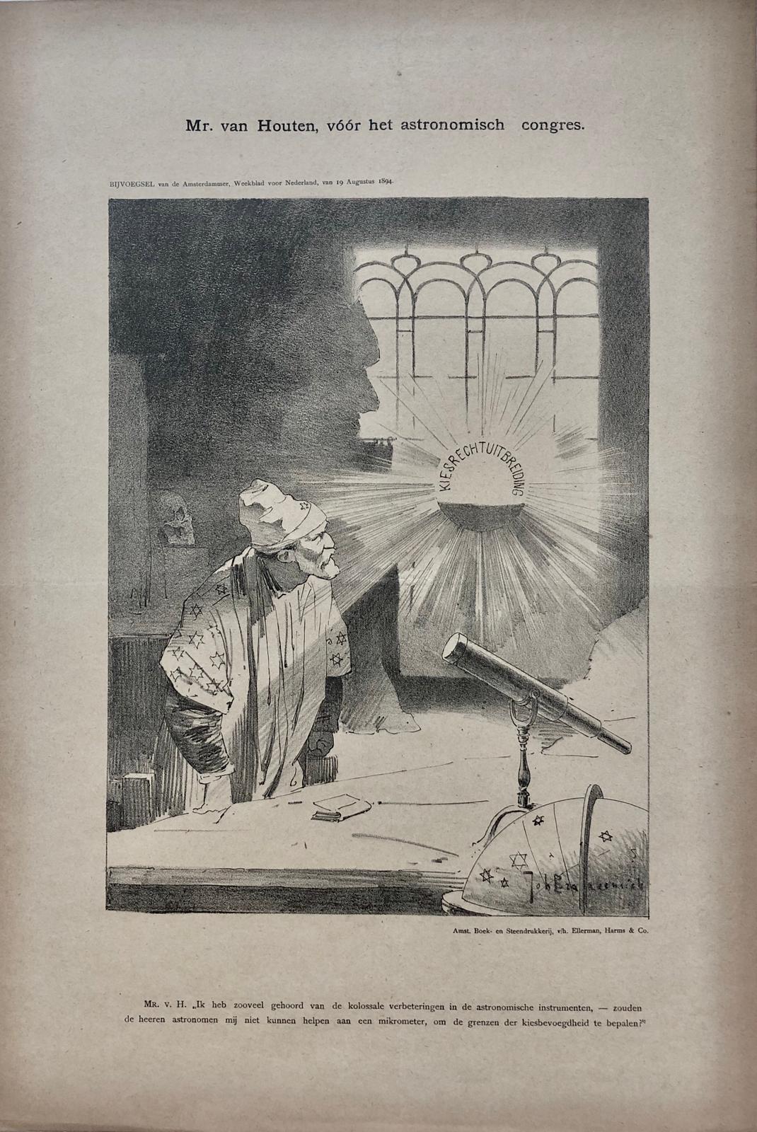[Original lithograph/lithografie by Johan Braakensiek] Mr. van Houten, vóór het astronomisch congres, 19 Augustus 1894, 1 pp.