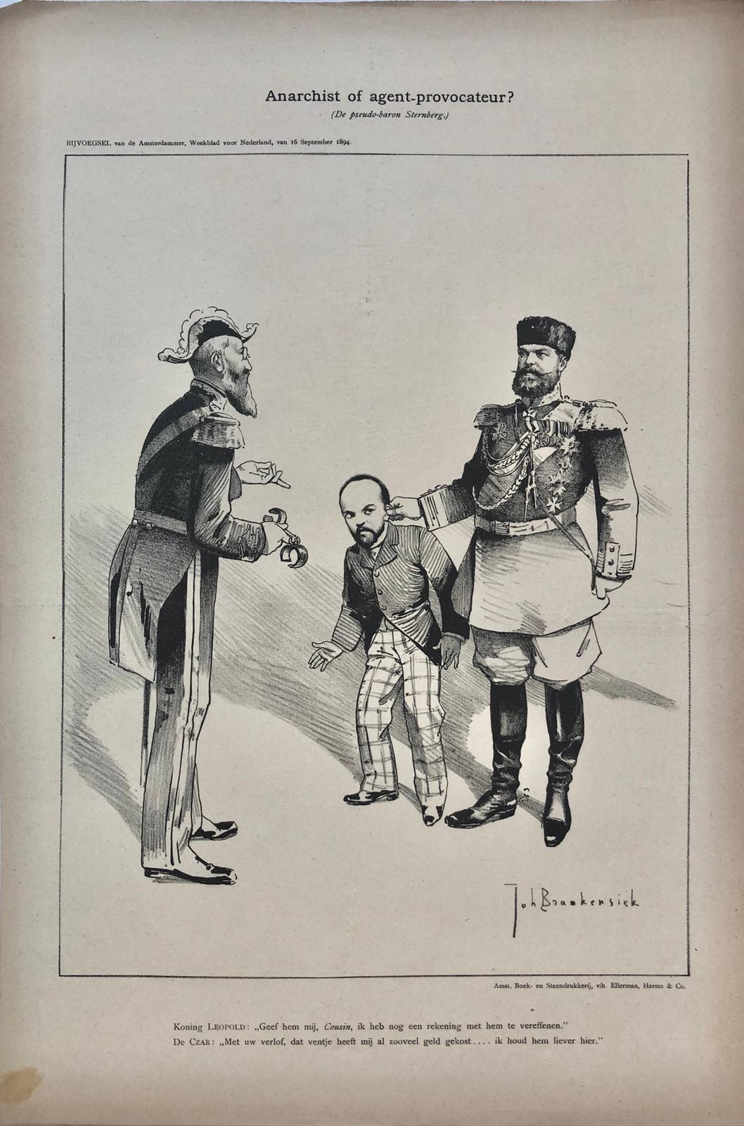 [Original lithograph/lithografie by Johan Braakensiek] Anarchist of agent-provocateur? (De pseudo-baron Sternberg), 16 September 1894, 1 pp.