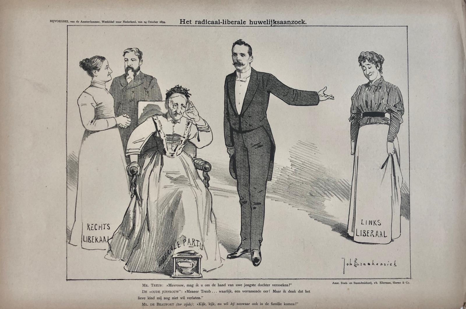 [Original lithograph/lithografie by Johan Braakensiek] Het radicaal-liberale huwelijksaanzoek, 14 October 1894, 1 pp.