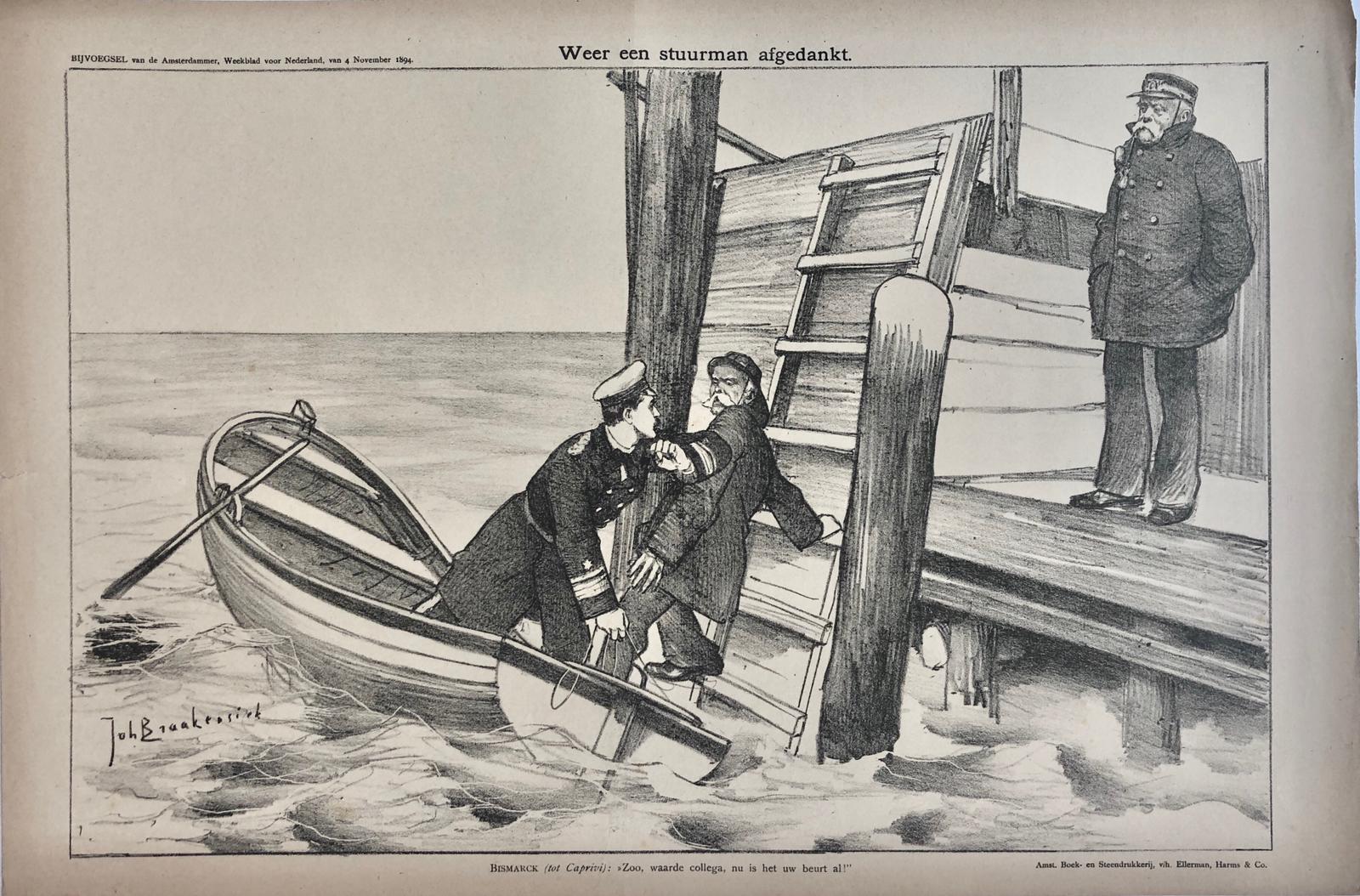 [Original lithograph/lithografie by Johan Braakensiek] Weer een stuurman afgedankt, 4 November 1894, 1 pp.