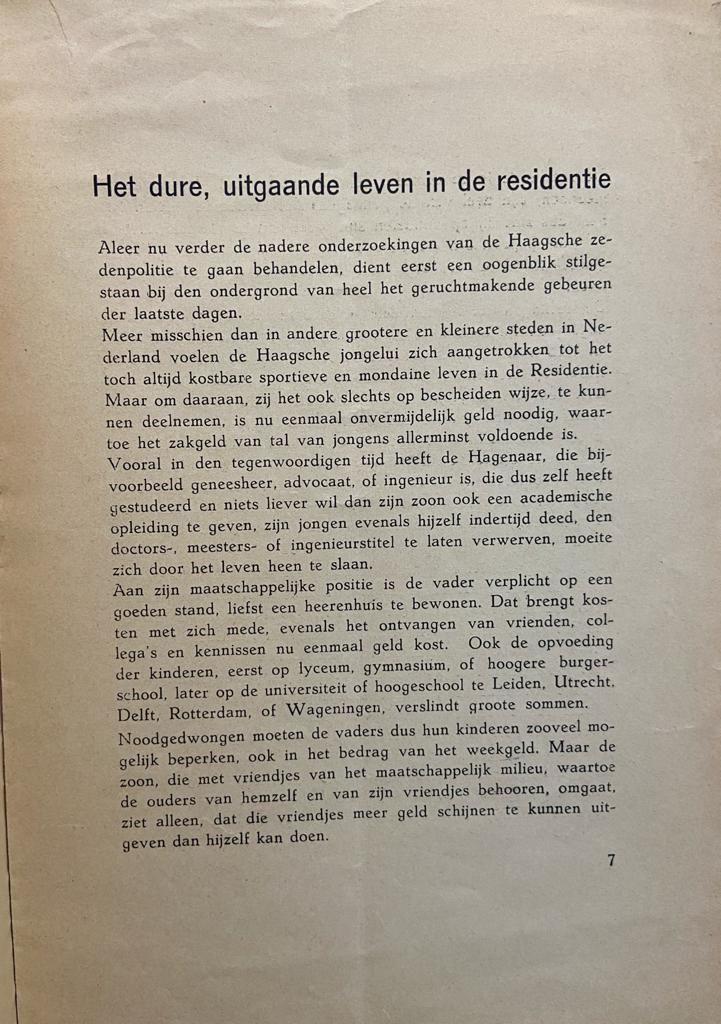 [History The Hague] Het Haagsche Zeden-schandaal, nadere bijzonderheden betreffende bepaalde "vriendenkringen"in de Residentie, een waarschuwing aan ouders en opvoeders, Pandora Uitgeversgenootschap Den Haag 1936, 16 pp.