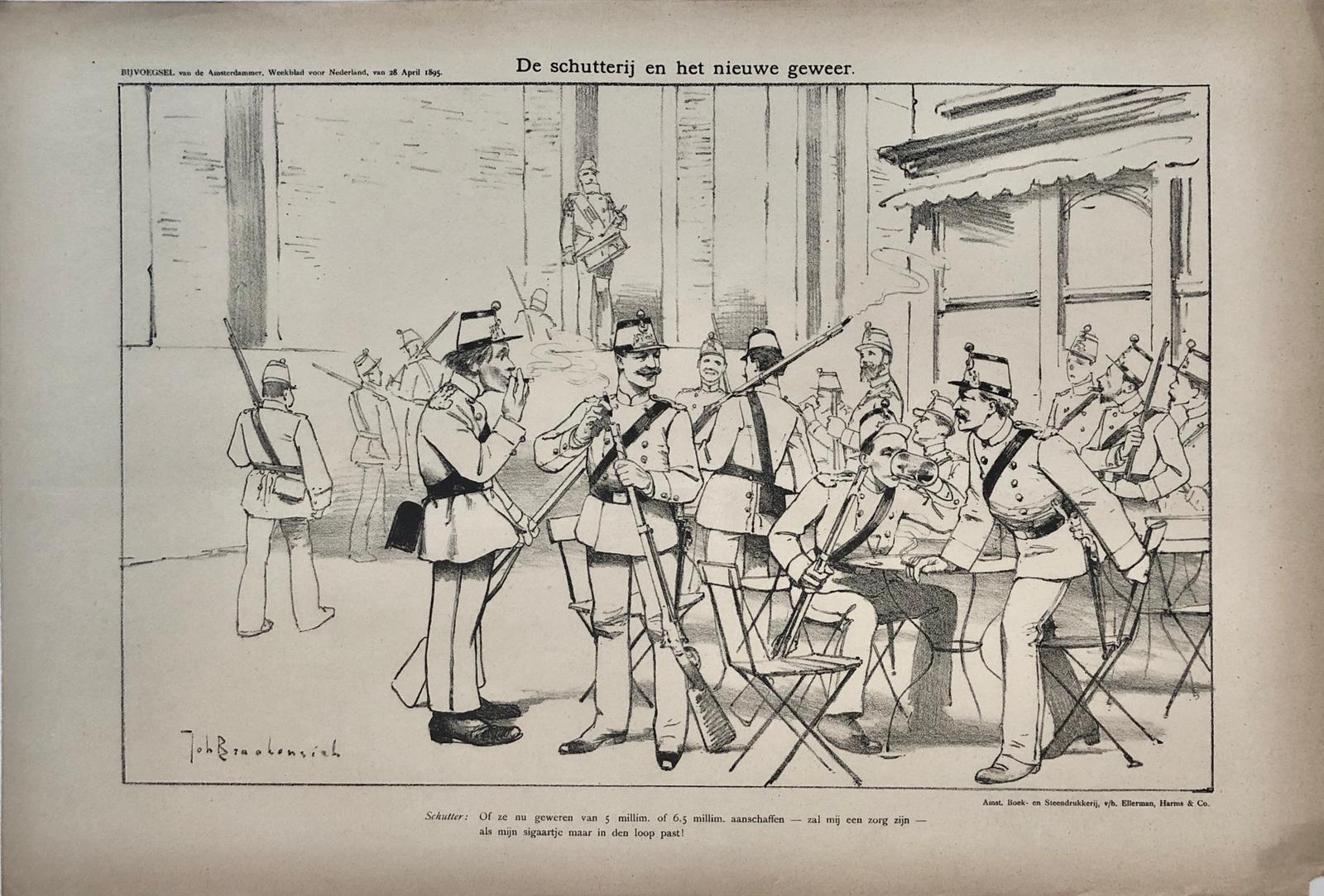 [Original lithograph/lithografie by Johan Braakensiek] De schutterij en het nieuwe geweer, 28 April 1895, 1 pp.