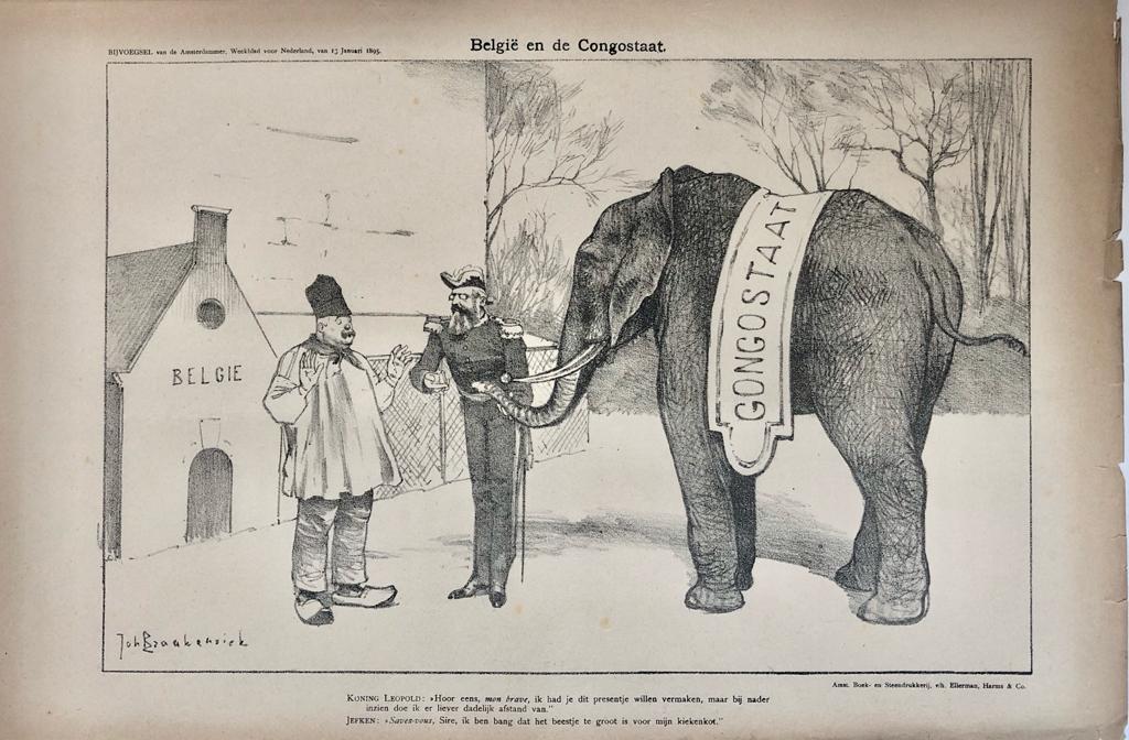 [Original lithograph/lithografie by Johan Braakensiek] België en de Congostaat, 13 Januari 1895, 1 pp.