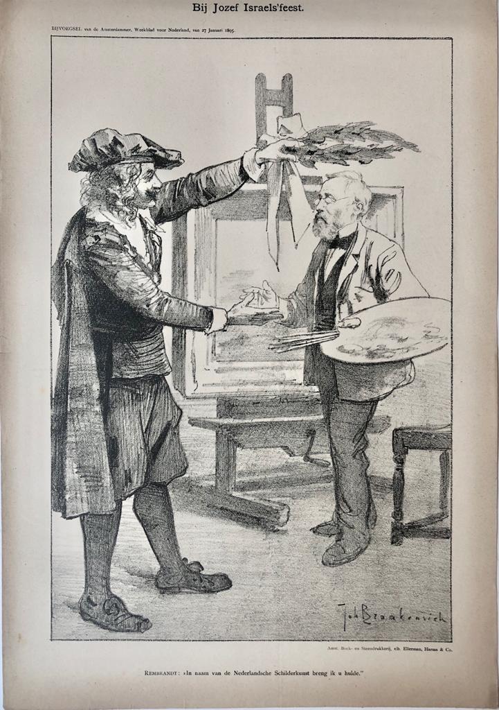 [Original lithograph/lithografie by Johan Braakensiek] Bij Jozef Israels' feest, 27 Januari 1895, 1 pp.
