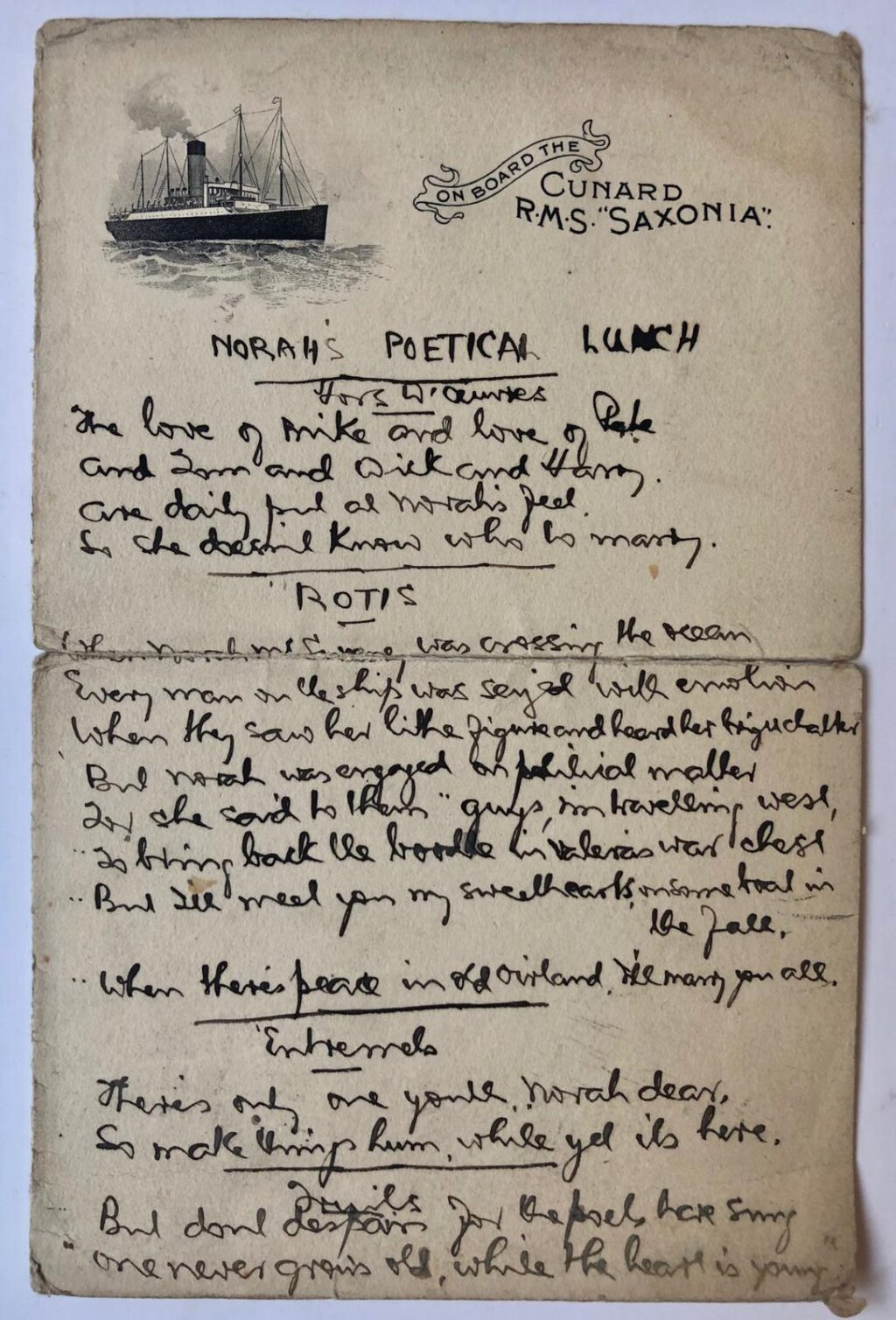 [RECEIPT, SHIP RMS SAXONIA, McSWEENEY] Een nota (Hamburg 1936) en twee briefjes “on board the Cunard R.M.S. Saxonia” betreffende Norah McSweeney.