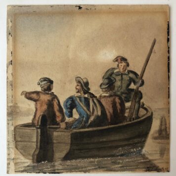 [WATERCOLOUR, LINTZ, THE HAGUE] Aquarel, 12x12 cm voorstellende 4 mannen in een roeibootje gesigneerd “F.E. Lintz ‘48”. Enkele beschadigingen.