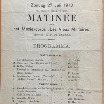 [Publication 1913, History The Hague] Koninklijk Zoologisch-Botanisch Genootschap, Zondag 27 juli 1913 Matinée door het Muziekcorps 