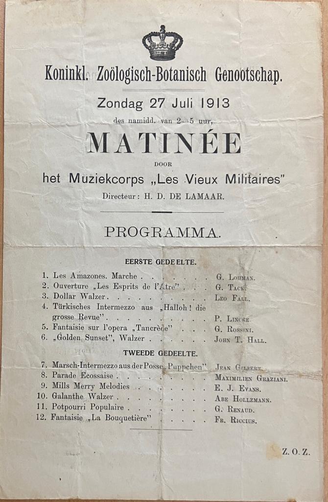 [Publication 1913, History The Hague] Koninklijk Zoologisch-Botanisch Genootschap, Zondag 27 juli 1913 Matinée door het Muziekcorps "Les Vieux Militaires", 1913, 4 pp.