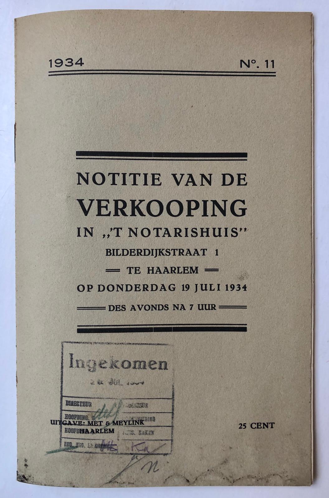 [VEILINGBOEKJE ONROEREND GOED] - [Veilingboekje betreffende onroerend goed Heemstede] Notitie van de Verkooping, Hotel-restaurant Van Ree te Heemstede, Met & Meylink, Haarlem 1934, 6 pp.