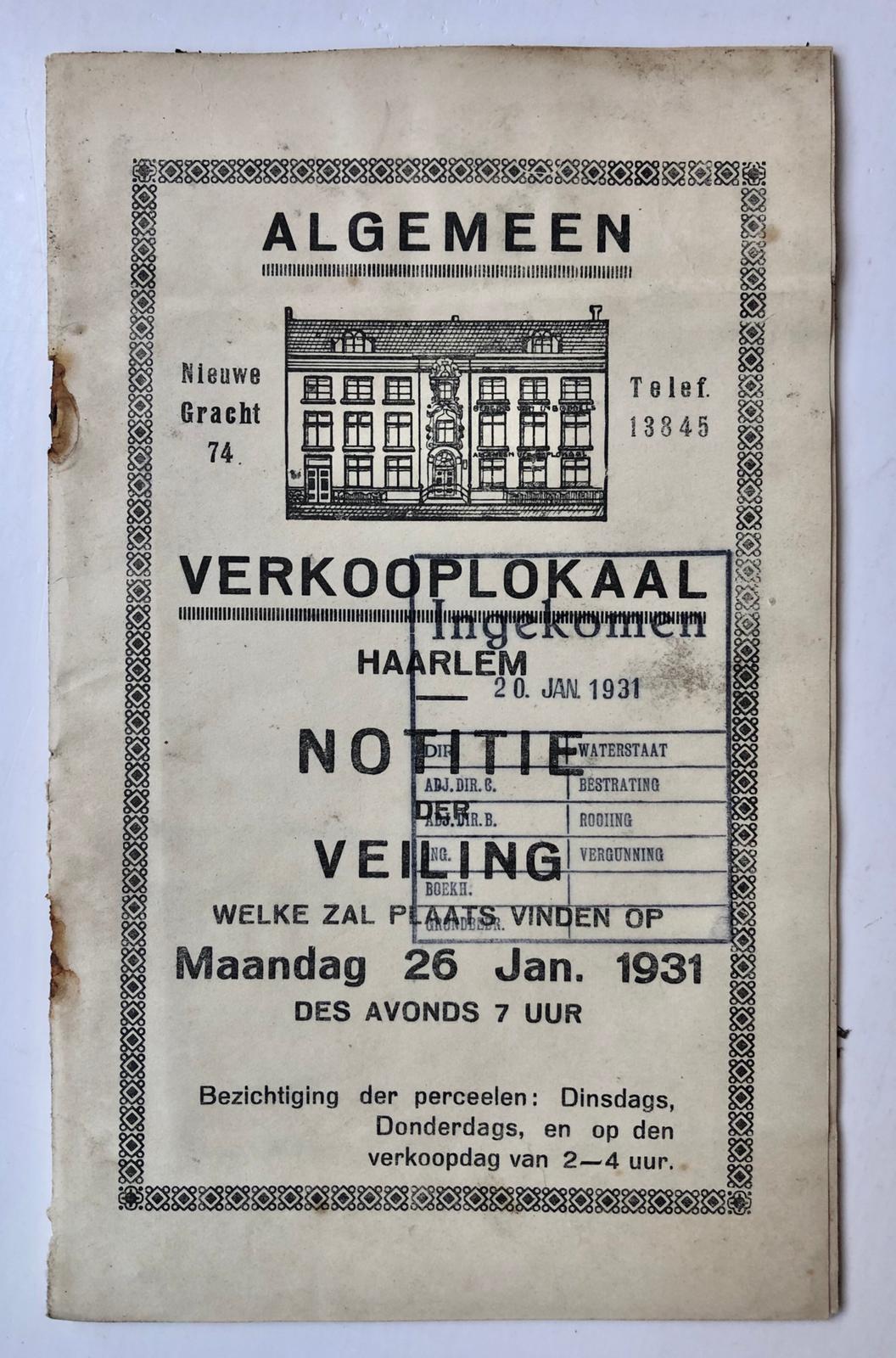 [Veilingboekje betreffende onroerend goed Heemstede, met kaart, Noord-Holland] Algemeen Verkooplokaal Haarlem, Notitie der Veiling, te Heemstede 1931.