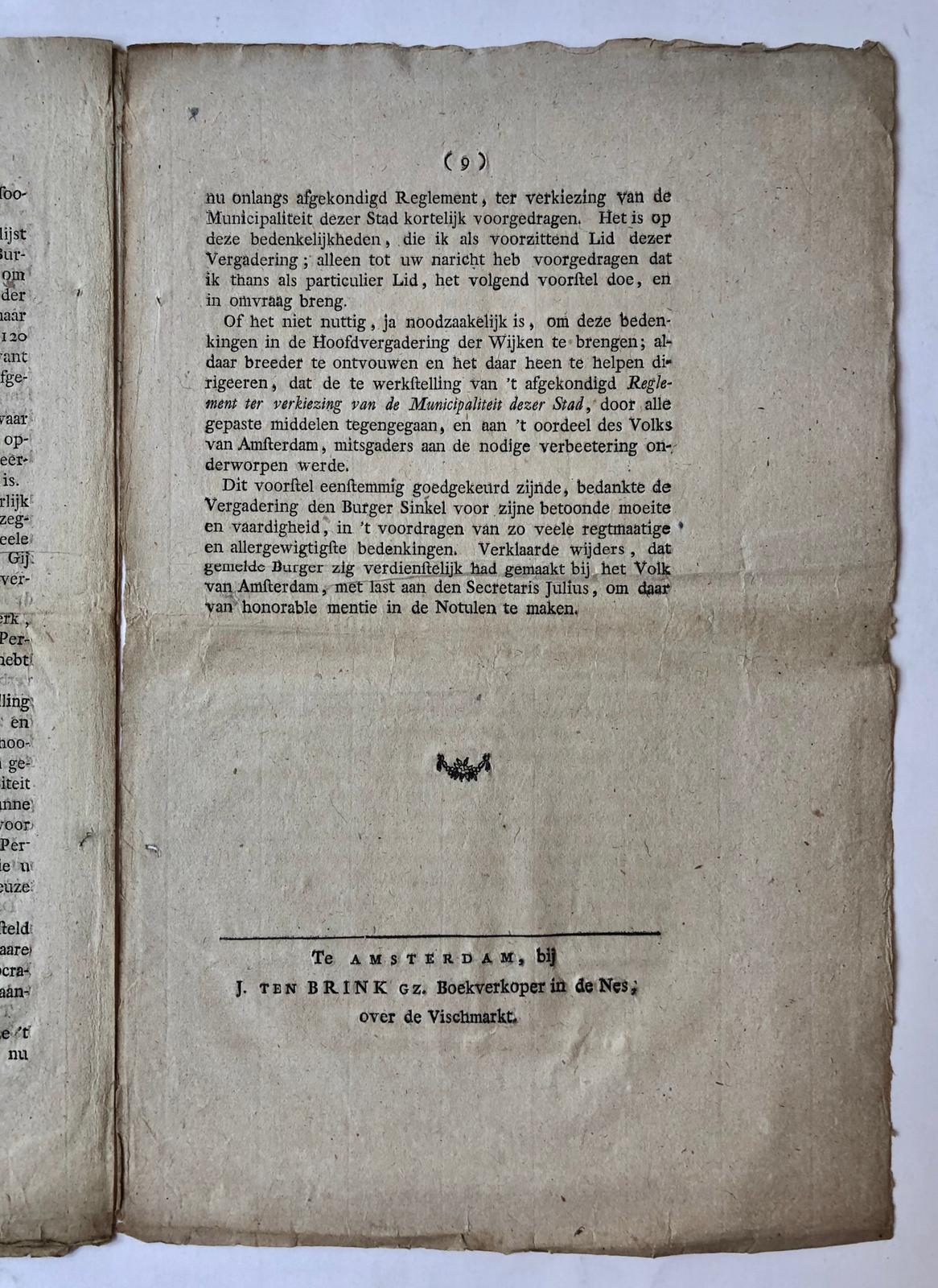 [Printed publication, Pamphlet 1795] “Redevoering door den burger B.S. Sinkel, als voorzittend lid gedaan, in de vergadering van Wijk 8, gehouden op Maandag den 13 April 1795”, folio, 9 p, gedrukt (bij J. ten Brink Gz te Amsterdam).