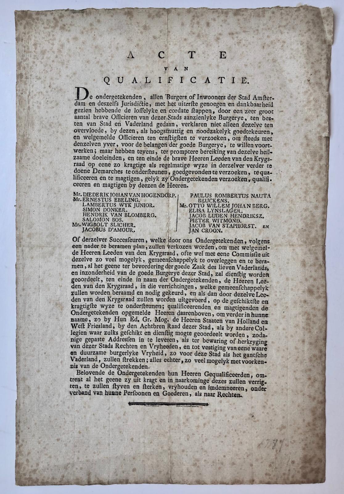 AMSTERDAM IN 1787 - [Printed publication [1787]] Acte van qualificatie dd. Amsterdam [1787], 1 blad folio, gedrukt.