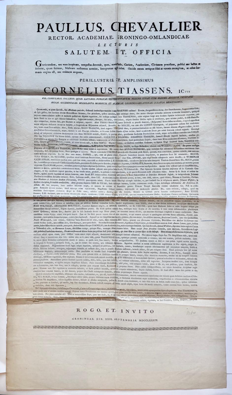 [Printed publication in Latin 1784] Aankondiging in het Latijn van het overlijden van Cornelis Tjassens, hoogleraar te Groningen, 1 blad, groot plano, gedrukt, dd. 29-9-1784.