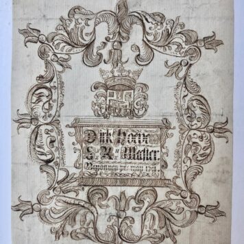 [Calligraphy, kalligrafie, manuscript, 1741] Gekalligrafeerde adreskaart met de tekst “Dirk Hoeve E.K. Meester. Begonnen pr. May 1741” in versierde rand, met tekeningetje van man die met ganzenveer schrijft, ca. 10x8 cm, manuscript.