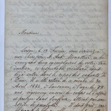 [Manuscript 1853, theology] Brief van de predikant Monastier, d.d. Payerne 1853, manuscript, 8°, 3 p.