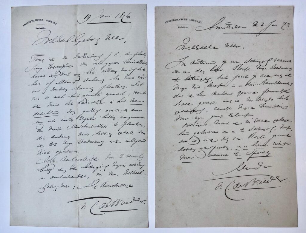 [Manuscripts, Newspaper editors, 1877] Twee brieven van F.C. de Brieden, redacteur van de Amsterdamsche Courant, dd. Amsterdam 1876 en 1877, manuscript, 8°, 2 p.