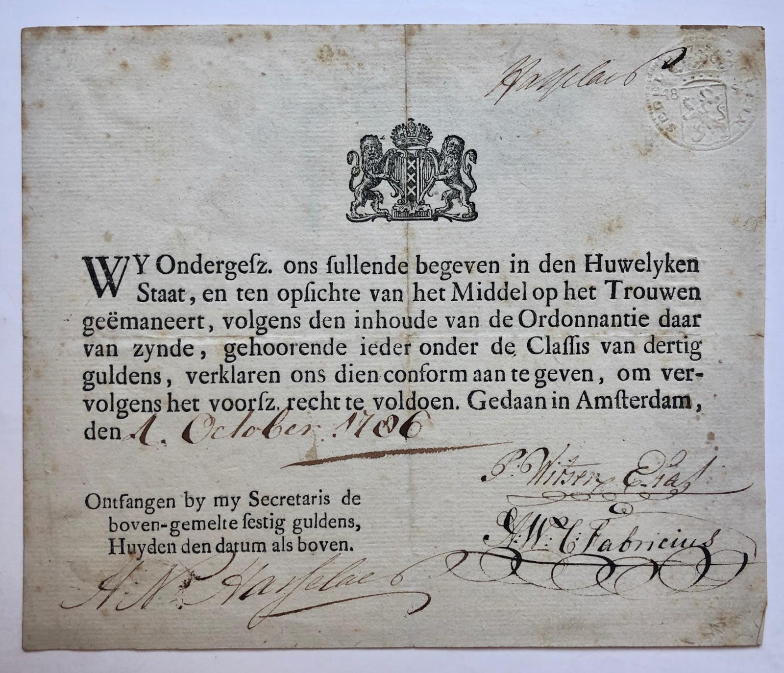 [Printed publication with handwritten text, marriage, 1786] Aangifte tot ondertrouw dd. 4-10-1786 van P. Witsen Elias en A.W.C. Fabricius. Deels gedrukt, 4° oblong.