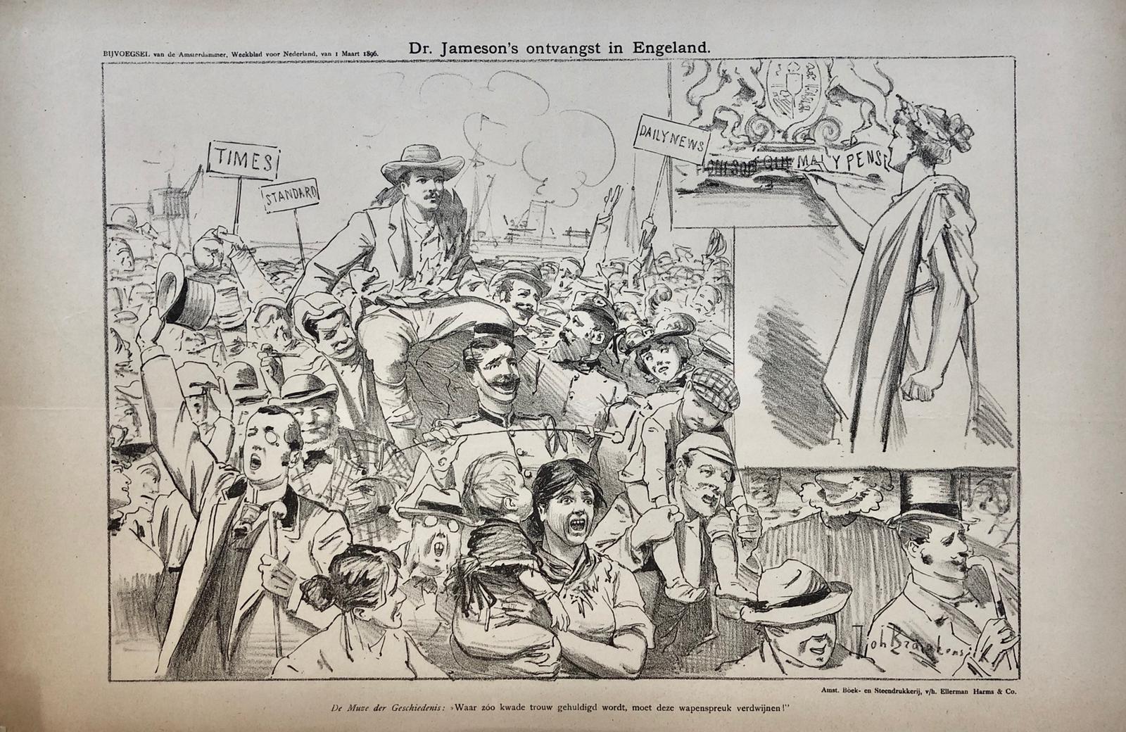 [Original lithograph/lithografie by Johan Braakensiek] Dr. Jameson's ontvangst in Engeland, 1 Maart 1896, 1 pp.