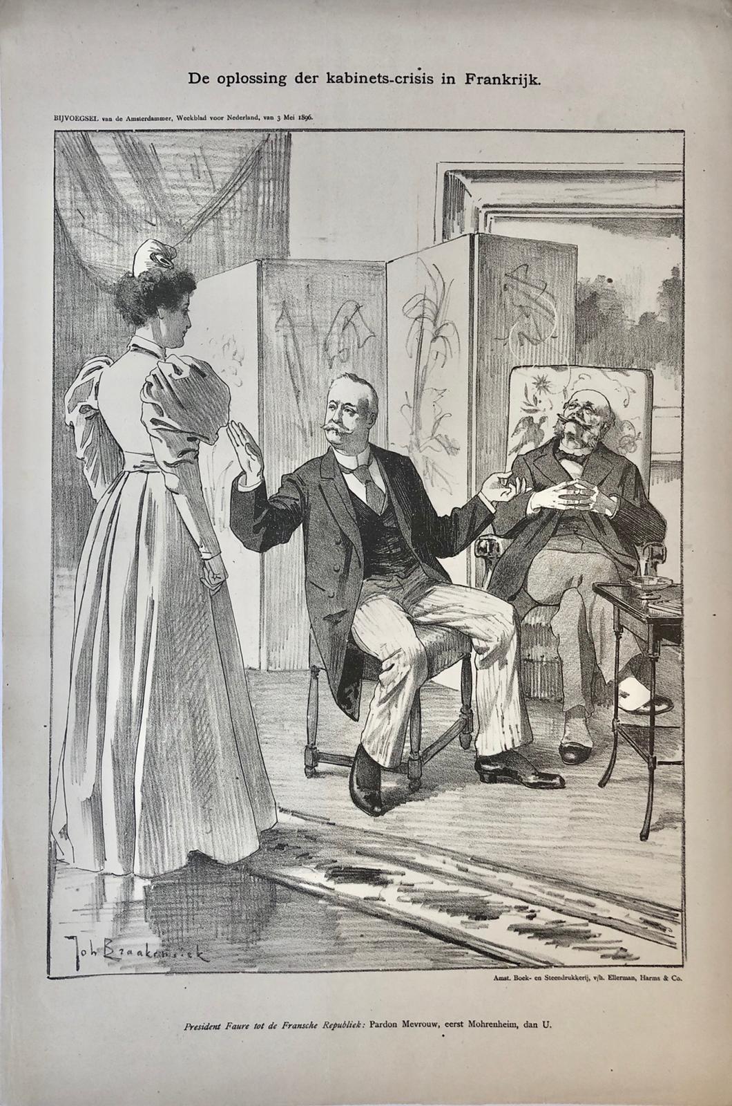 [Original lithograph/lithografie by Johan Braakensiek] De oplossing der kabinets-crisis in Frankrijk, 3 Mei 1896, 1 pp.