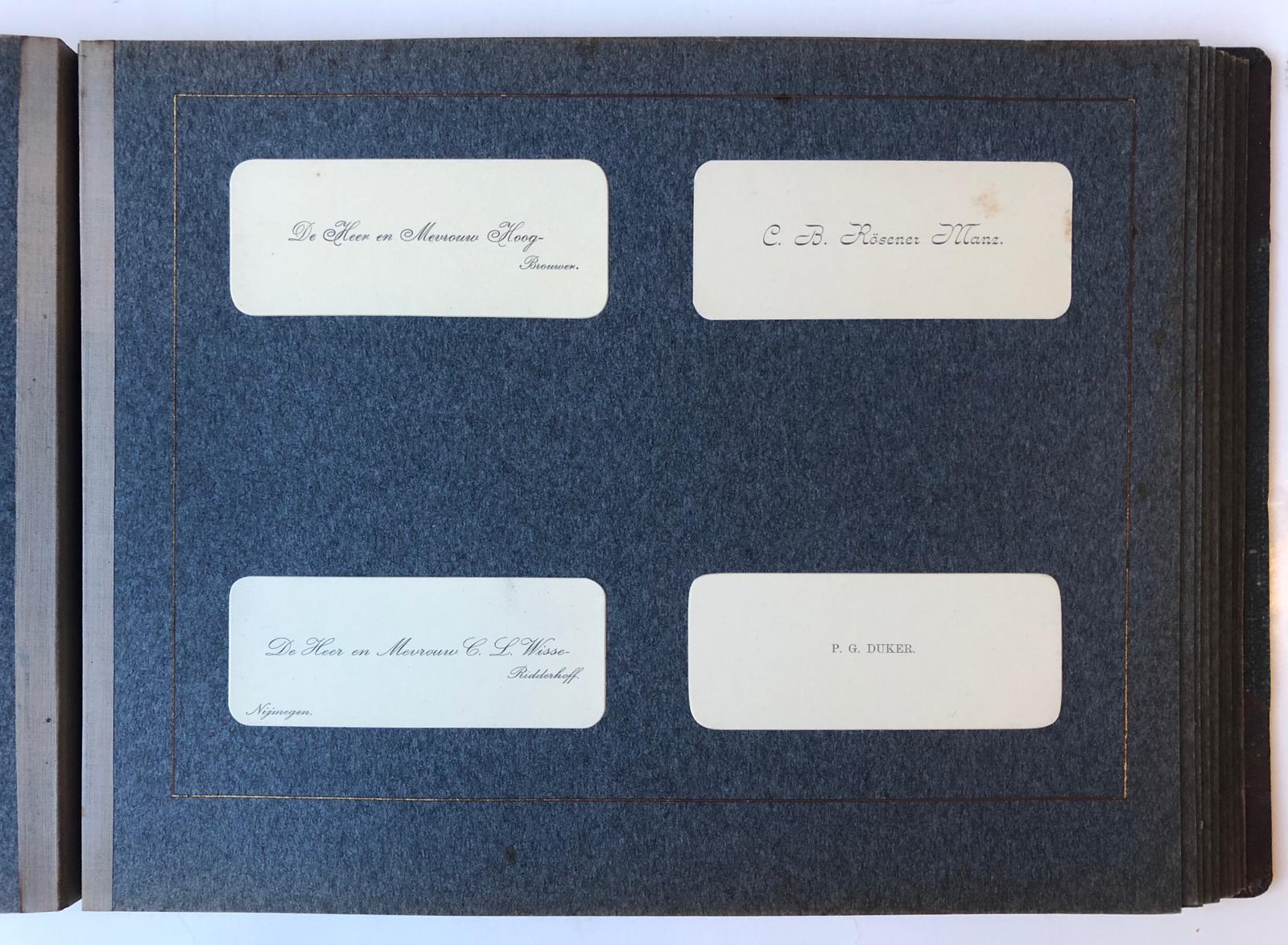 [Calligraphy, Business cards 1910] Album voor D.A. Rijnders bij het verlaten van de Nutsschool te Nijmegen in 1910. Gekalligrafeerde titelpagina en een groot aantal ingeplakte visitekaartjes van personen te Nijmegen op 30 bladen.