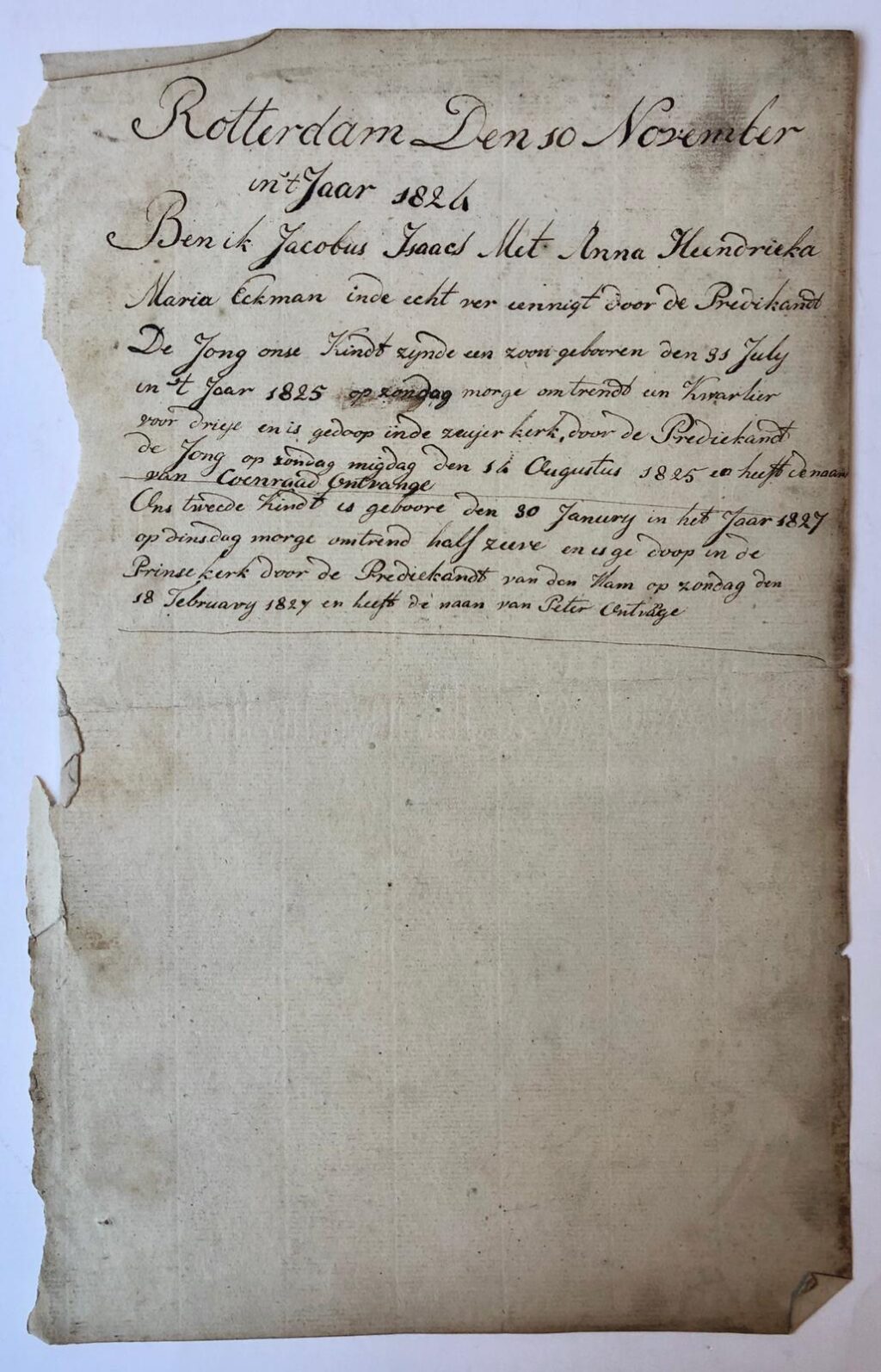 [Manuscripts, Rotterdam 1827] Drie bladen uit een familiebijbel met aantekeningen betr. de familie Eckman, 1720-1827. Manuscript, folio, 3 p.