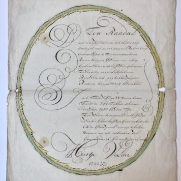 [Calligraphy 1752] Gekalligrafeerd blad “Ten raadsel” door Heertje Volder, dd. 14-2-1752, manuscript, plano, 1 p.