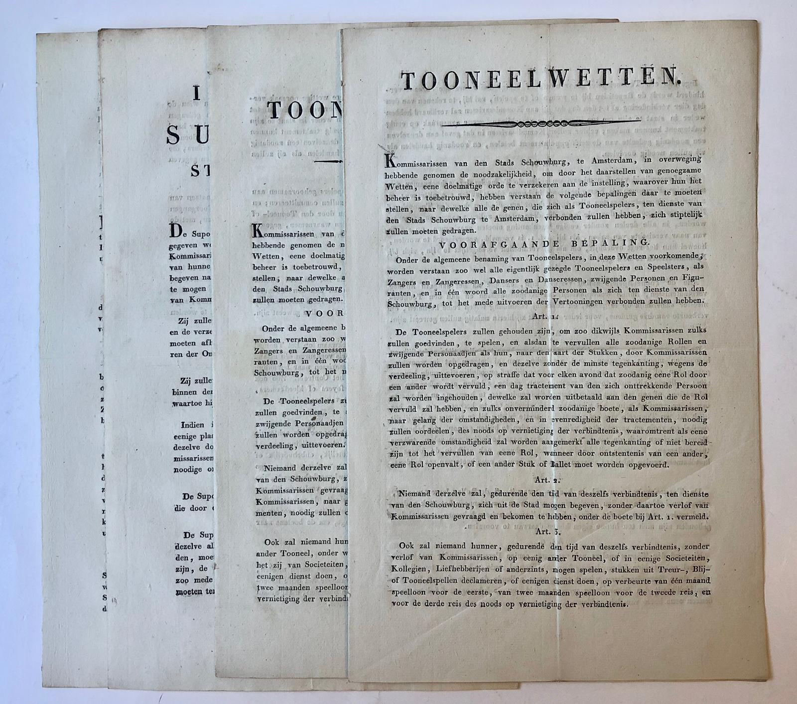 [Printed publication, Theater laws, legal, 1820] “Tooneelwetten” van de Amsterdamsche Schouwburg dd. 7-6-1820 en 8-5-1822, gedrukt, elk 4 p, folio.