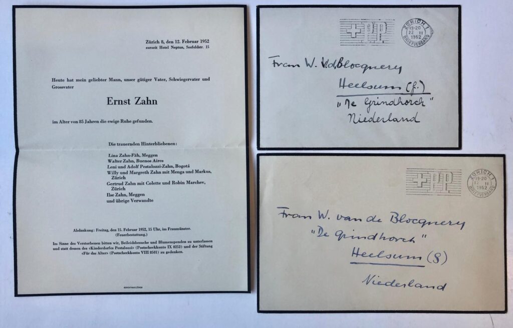 [Manuscripts Switserland, Suisse, poetry] Vijf brieven, d.d. Meggen (Zwitserland) 1949, 1951, 1952, enkele getypte gedichten, enkele krantenknipsels, twee rouwkaarten, etc., alles van of betreffende de dichter Ernst Zahn (overleden in 1952 op 85-jarige leeftijd). Manuscripten.