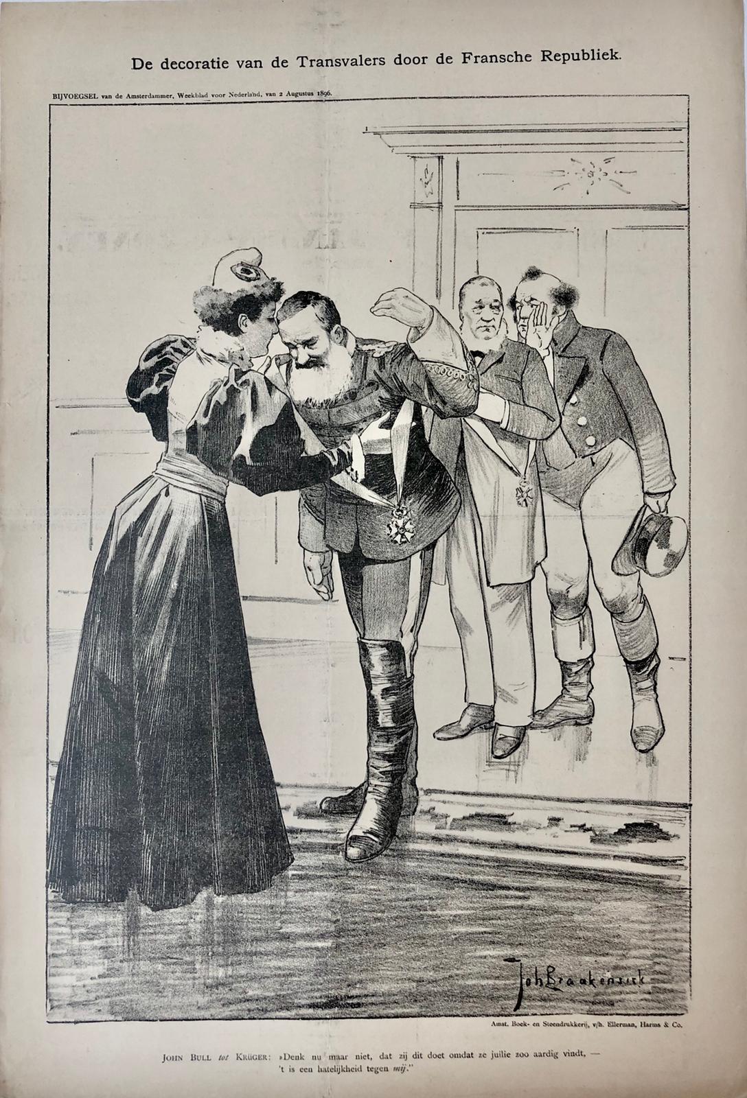 [Original lithograph/lithografie by Johan Braakensiek] De decoratie van de Transvalers door de Fransche Republiek, 2 Augustus 1896, 1 pp.